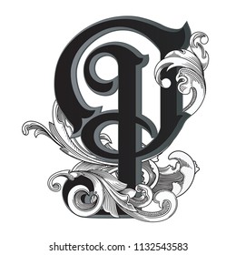 Vector illustration of uppercase letter with decorations isolated on white background.Elegant  antique Letter P with baroque ornamentation. Elegant black capital letter to use monograms, logos,emblems