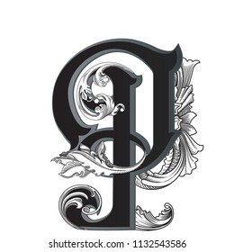 Vector illustration of uppercase letter with decorations isolated on white background.Elegant  antique Letter P with baroque ornamentation. Elegant black capital letter to use monograms, logos,emblems