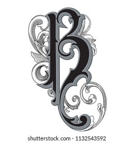 Vector illustration of uppercase letter with decorations isolated on white background.Elegant  antique Letter B with baroque ornamentation. Elegant black capital letter to use monograms, logos,emblems