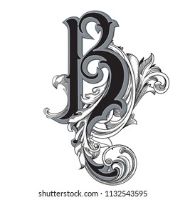 Vector illustration of uppercase letter with decorations isolated on white background.Elegant  antique Letter B with baroque ornamentation. Elegant black capital letter to use monograms, logos,emblems