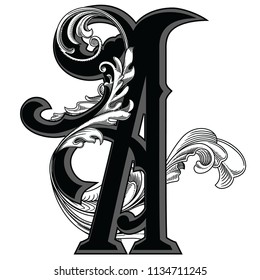 Vector illustration of uppercase letter with decorations isolated on white background.Elegant  antique Letter A with baroque ornamentation. Elegant black capital letter to use monograms, logos,emblems