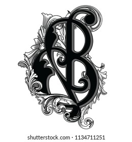 Vector illustration of uppercase letter with decorations isolated on white background.Elegant  antique Letter B with baroque ornamentation. Elegant black capital letter to use monograms, logos,emblems