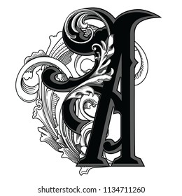 Vector illustration of uppercase letter with decorations isolated on white background.Elegant  antique Letter A with baroque ornamentation. Elegant black capital letter to use monograms, logos,emblems