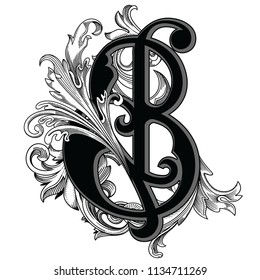 Vector illustration of uppercase letter with decorations isolated on white background.Elegant  antique Letter B with baroque ornamentation. Elegant black capital letter to use monograms, logos,emblems