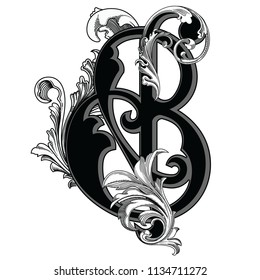 Vector illustration of uppercase letter with decorations isolated on white background.Elegant  antique Letter B with baroque ornamentation. Elegant black capital letter to use monograms, logos,emblems