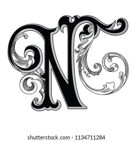 Vector illustration of uppercase letter with decorations isolated on white background.Elegant  antique Letter N with baroque ornamentation. Elegant black capital letter to use monograms, logos,emblems