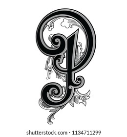 Vector illustration of uppercase letter with decorations isolated on white background.Elegant  antique Letter P with baroque ornamentation. Elegant black capital letter to use monograms, logos,emblems
