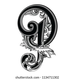 Vector illustration of uppercase letter with decorations isolated on white background.Elegant  antique Letter P with baroque ornamentation. Elegant black capital letter to use monograms, logos,emblems