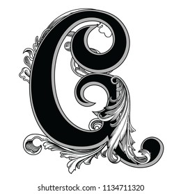 Vector illustration of uppercase letter with decorations isolated on white background.Elegant  antique Letter G with baroque ornamentation. Elegant black capital letter to use monograms, logos,emblems
