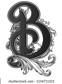 Vector illustration of uppercase letter with decorations isolated on white background.Elegant antique Letter B   with baroque ornamentation.Elegant black capital letter to use monograms, logos,emblems