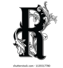 Vector illustration of uppercase letter with decorations isolated on white background.Elegant antique Letter R with baroque ornamentation.Elegant black capital letter to use monograms, logos,emblem