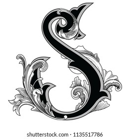 Vector illustration of uppercase letter with decorations isolated on white background.Elegant antique Letter S with baroque ornamentation.Elegant black capital letter to use monograms, logos,emblem