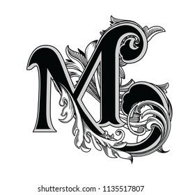 Vector illustration of uppercase letter with decorations isolated on white background.Elegant antique Letter M with baroque ornamentation.Elegant black capital letter to use monograms, logos,emblem