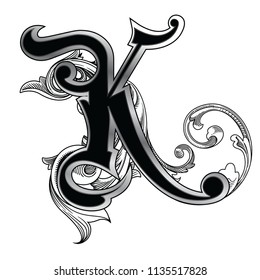 Vector illustration of uppercase letter with decorations isolated on white background.Elegant antique Letter K with baroque ornamentation.Elegant black capital letter to use monograms, logos,emblem