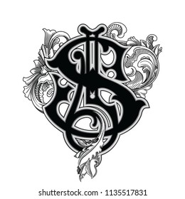 Vector illustration of uppercase letter with decorations isolated on white background.Elegant antique Letter S with baroque ornamentation.Elegant black capital letter to use monograms, logos,emblem