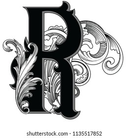 Vector illustration of uppercase letter with decorations isolated on white background.Elegant antique Letter R with baroque ornamentation.Elegant black capital letter to use monograms, logos,emblem