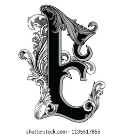 Vector illustration of uppercase letter with decorations isolated on white background.Elegant antique Letter E 
 with baroque ornamentation.Elegant black capital letter to use monograms, logos,emblem