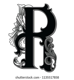 Vector illustration of uppercase letter with decorations isolated on white background.Elegant antique Letter R with baroque ornamentation.Elegant black capital letter to use monograms, logos,emblem