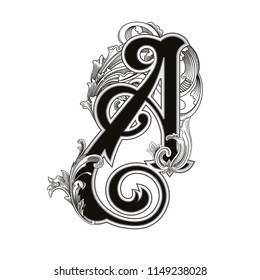 Vector illustration of uppercase letter A
 with decorations isolated on white background.Antique Letter with baroque ornamentation. Elegant black capital letter to use monograms, logos,emblems