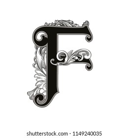 Vector illustration of uppercase letter with decorations isolated on white background.Antique Letter F with baroque ornamentation. Elegant black capital letter to use monograms, logos,emblems