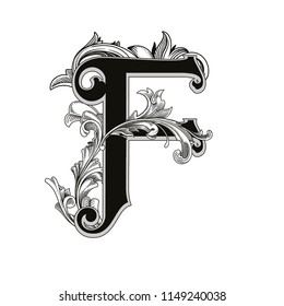 Vector illustration of uppercase letter with decorations isolated on white background.Antique Letter F with baroque ornamentation. Elegant black capital letter to use monograms, logos,emblems