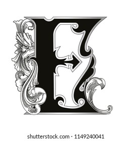 Vector illustration of uppercase letter with decorations isolated on white background.Antique Letter E with baroque ornamentation. Elegant black capital letter to use monograms, logos,emblems