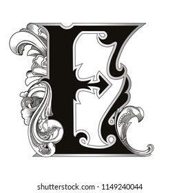 Vector illustration of uppercase letter with decorations isolated on white background.Antique Letter E with baroque ornamentation. Elegant black capital letter to use monograms, logos,emblems
