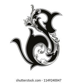 Vector illustration of uppercase letter with decorations isolated on white background.Antique Letter S with baroque ornamentation. Elegant black capital letter to use monograms, logos,emblems