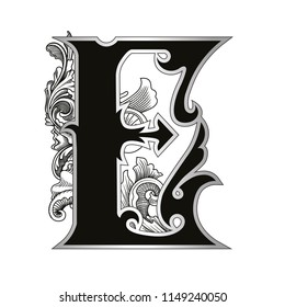 Vector illustration of uppercase letter with decorations isolated on white background.Antique Letter E with baroque ornamentation. Elegant black capital letter to use monograms, logos,emblems