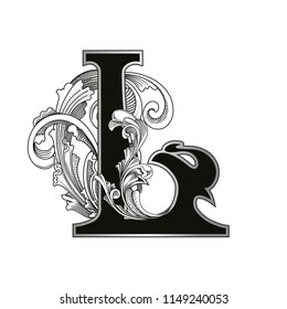 Vector illustration of uppercase letter with decorations isolated on white background.Antique Letter L with baroque ornamentation. Elegant black capital letter to use monograms, logos,emblems