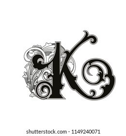 Vector illustration of uppercase letter with decorations isolated on white background.Antique Letter K with baroque ornamentation. Elegant black capital letter to use monograms, logos,emblems