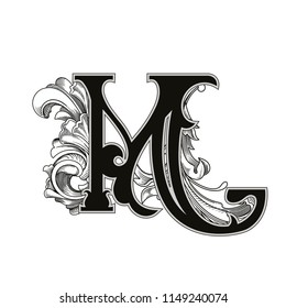 Vector illustration of uppercase letter with decorations isolated on white background.Antique Letter M with baroque ornamentation. Elegant black capital letter to use monograms, logos,emblems
