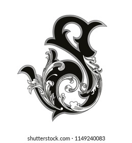 Vector illustration of uppercase letter with decorations isolated on white background.Antique Letter S with baroque ornamentation. Elegant black capital letter to use monograms, logos,emblems