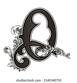 Vector illustration of uppercase letter with decorations isolated on white background.Antique Letter Q with baroque ornamentation. Elegant black capital letter to use monograms, logos,emblems