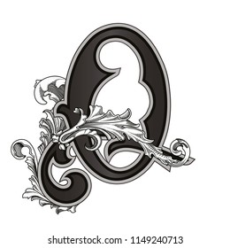 Vector illustration of uppercase letter with decorations isolated on white background.Antique Letter Q with baroque ornamentation. Elegant black capital letter to use monograms, logos,emblems