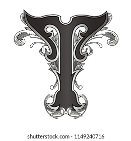 Vector illustration of uppercase letter with decorations isolated on white background.Antique Letter T with baroque ornamentation. Elegant black capital letter to use monograms, logos,emblems