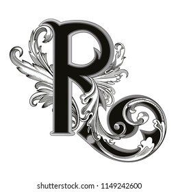 Vector illustration of uppercase letter with decorations isolated on white background.Antique Letter R with baroque ornamentation. Elegant black capital letter to use monograms, logos,emblems