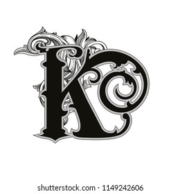 Vector illustration of uppercase letter with decorations isolated on white background.Antique Letter K with baroque ornamentation. Elegant black capital letter to use monograms, logos,emblems