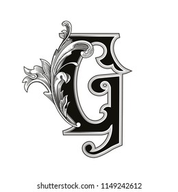 Vector illustration of uppercase letter with decorations isolated on white background.Antique Letter G with baroque ornamentation. Elegant black capital letter to use monograms, logos,emblems