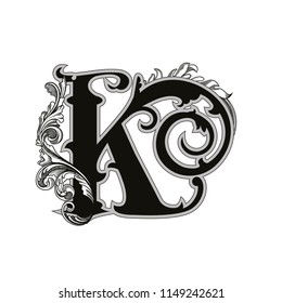 Vector illustration of uppercase letter with decorations isolated on white background.Antique Letter with baroque ornamentation. Elegant black capital letter K to use monograms, logos,emblems