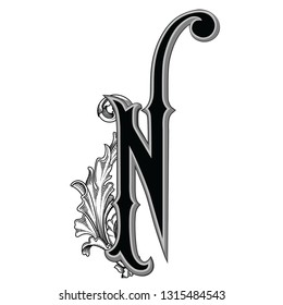 Vector illustration of uppercase letter with decorations isolated on white background.Antique Letter with baroque ornamentation. Elegant black capital letter to use monograms, logos,emblems