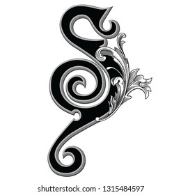 Vector illustration of uppercase letter with decorations isolated on white background.Antique Letter with baroque ornamentation. Elegant black capital letter to use monograms, logos,emblems