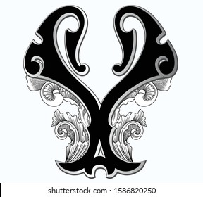 Vector illustration of uppercase letter with decorations isolated on white background. Antique Letter Y with baroque ornamentation. Elegant black capital letter to use monograms, logos, emblems