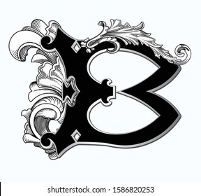 Vector illustration of uppercase letter with decorations isolated on white background. Antique Letter B with baroque ornamentation. Elegant black capital letter to use monograms, logos, emblems