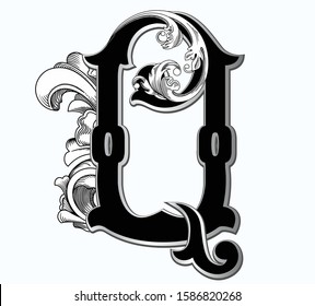 Vector illustration of uppercase letter with decorations isolated on white background. Antique Letter Q with baroque ornamentation. Elegant black capital letter to use monograms, logos, emblems