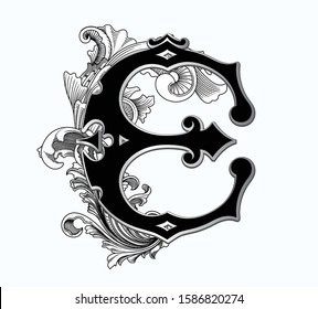 Vector illustration of uppercase letter with decorations isolated on white background. Antique Letter E with baroque ornamentation. Elegant black capital letter to use monograms, logos, emblems