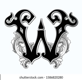 Vector illustration of uppercase letter with decorations isolated on white background. Antique Letter W with baroque ornamentation. Elegant black capital letter to use monograms, logos, emblems