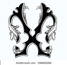 Vector illustration of uppercase letter with decorations isolated on white background. Antique Letter X with baroque ornamentation. Elegant black capital letter to use monograms, logos, emblems