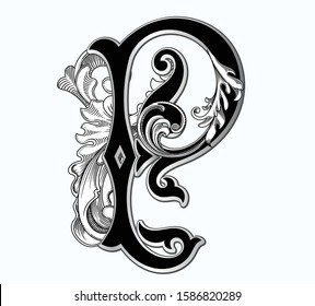 Vector illustration of uppercase letter with decorations isolated on white background. Antique Letter  P with baroque ornamentation. Elegant black capital letter to use monograms, logos, emblems