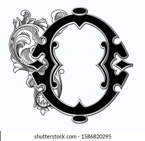 Vector illustration of uppercase letter with decorations isolated on white background. Antique Letter O with baroque ornamentation. Elegant black capital letter to use monograms, logos, emblems